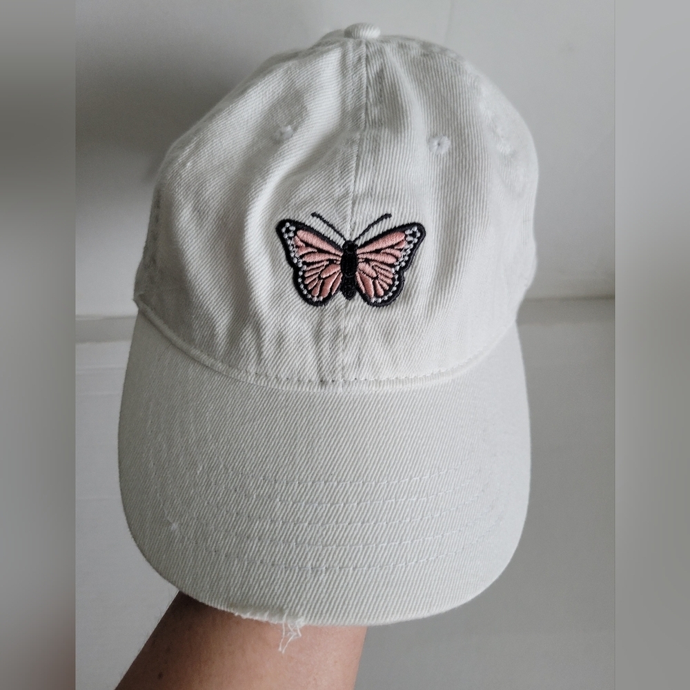 White with Pink black embroidered butterfly on the front Cap Hat Adjustable